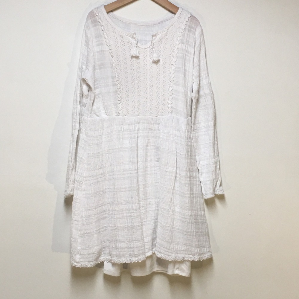 Art Class Long Sleeve Dress Kids Large 10/12 White Lace Boho Tassel Gauze Lined